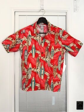 Vintage Bishop Street Hawaiian Shirt Youth 14 Red w Surfboards 100% Cotton